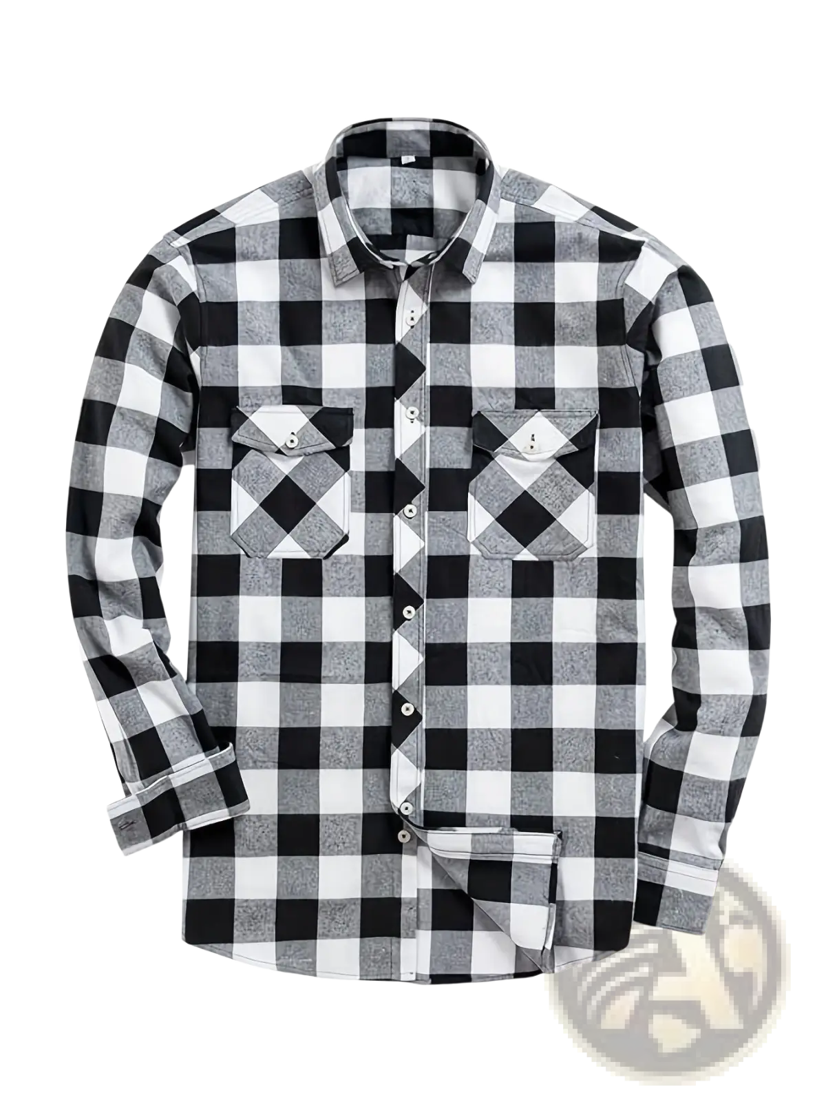 Men’s slim fit black and white checkered plaid flannel button-up shirt with chest pockets and diamond-patterned flaps