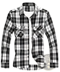 Men’s slim fit black and white plaid flannel button up shirt with long sleeves and two chest pockets