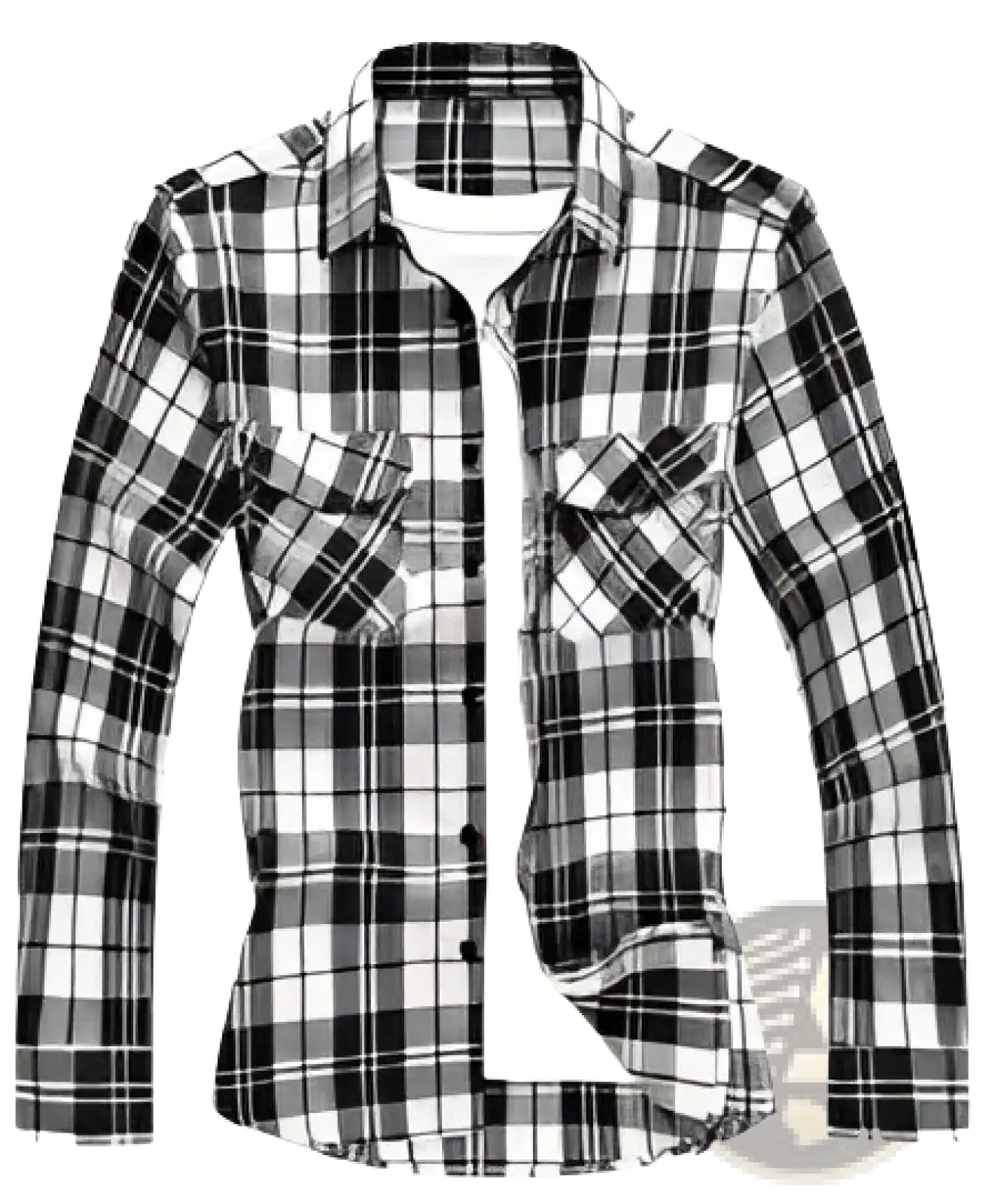 Men’s slim fit black and white plaid flannel button up shirt with long sleeves and two chest pockets