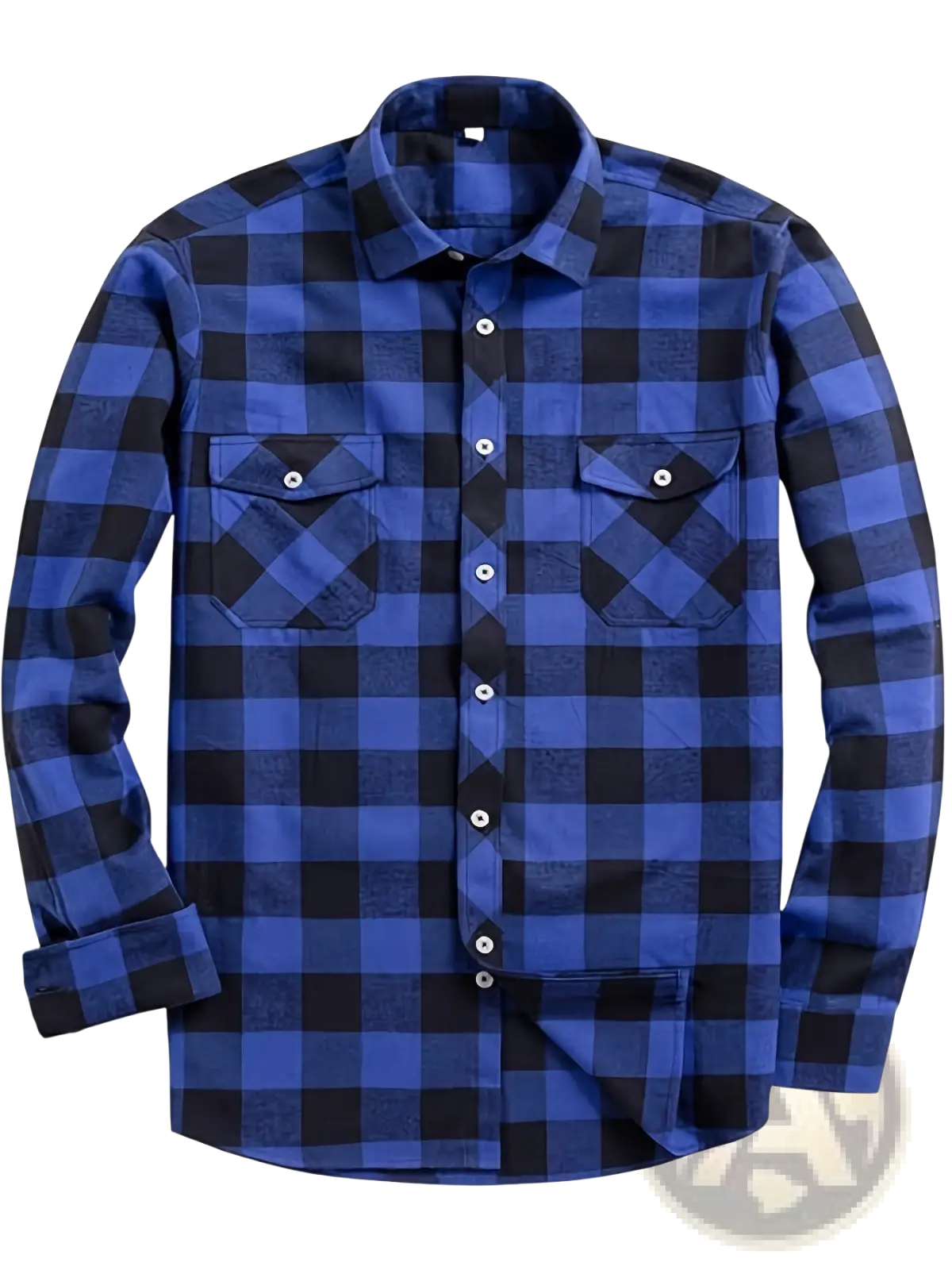 Men’s slim fit plaid flannel button-up shirt in blue and black with long sleeves and two chest pockets