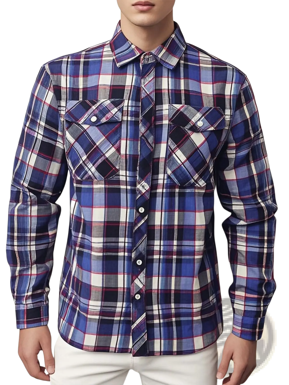 Men’s slim fit plaid flannel button up shirt in blue white and red with long sleeves and two chest pockets