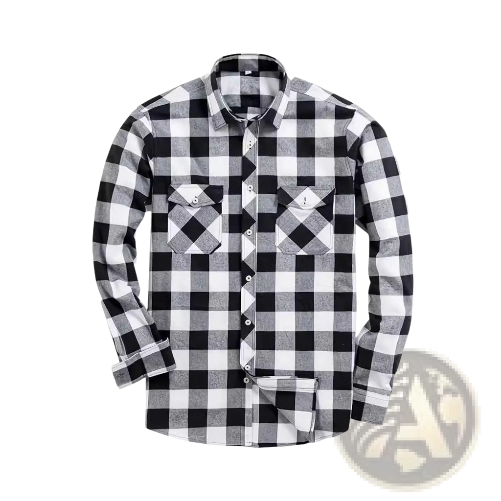 Men’s slim fit plaid flannel button up shirt in black and white checkered pattern with matching pocket flaps