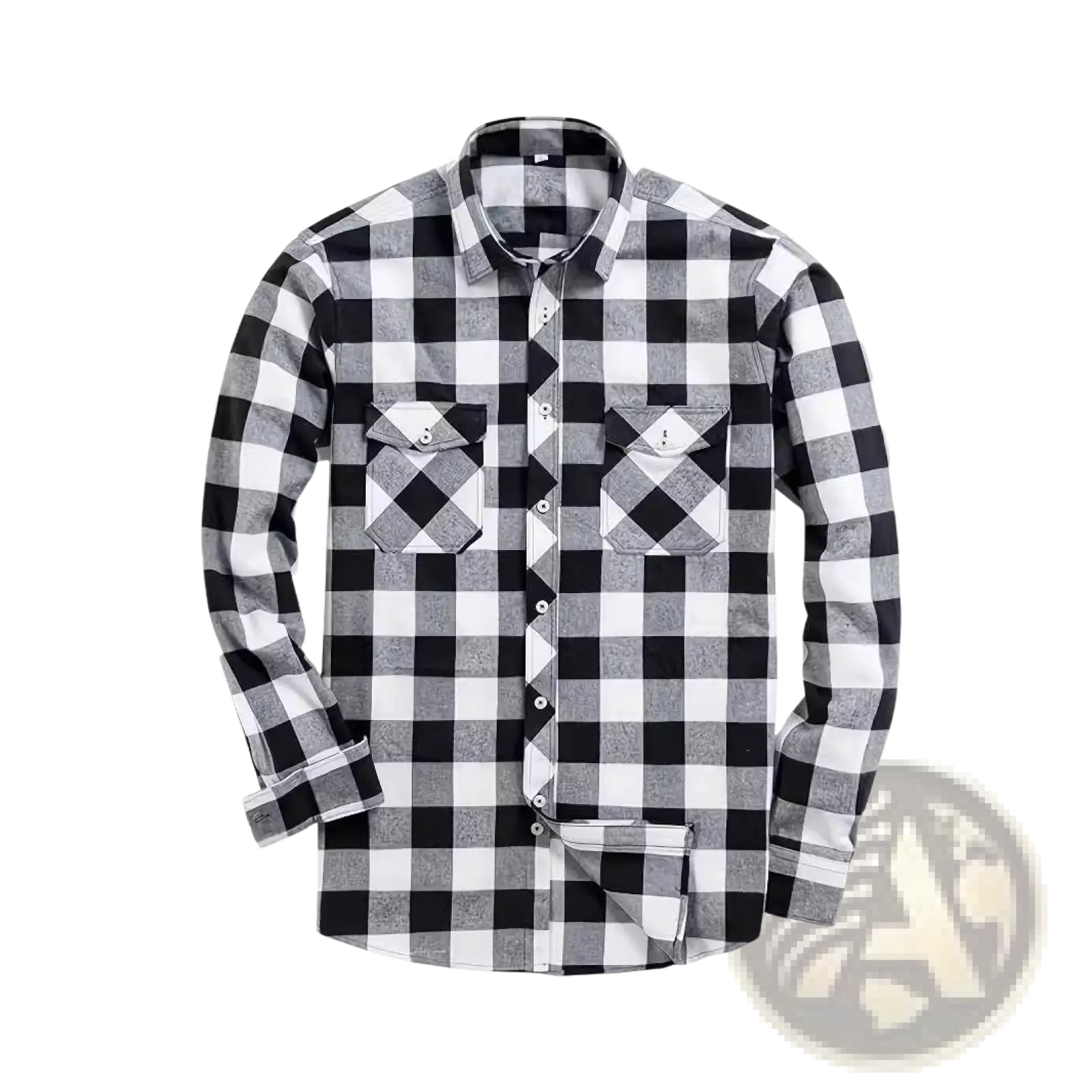 Men’s slim fit plaid flannel button up shirt in black and white checkered pattern with matching pocket flaps