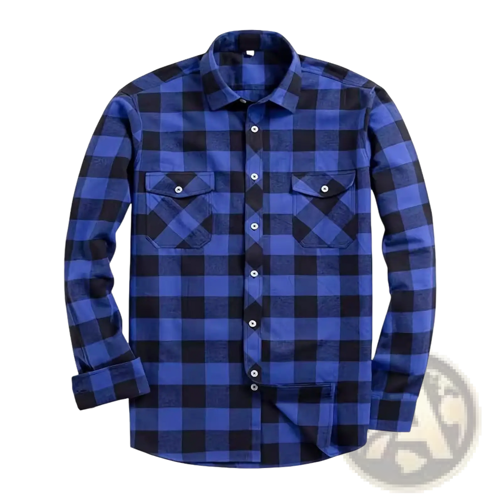 Men’s slim fit plaid flannel button up shirt in blue and black with long sleeves and two chest pockets