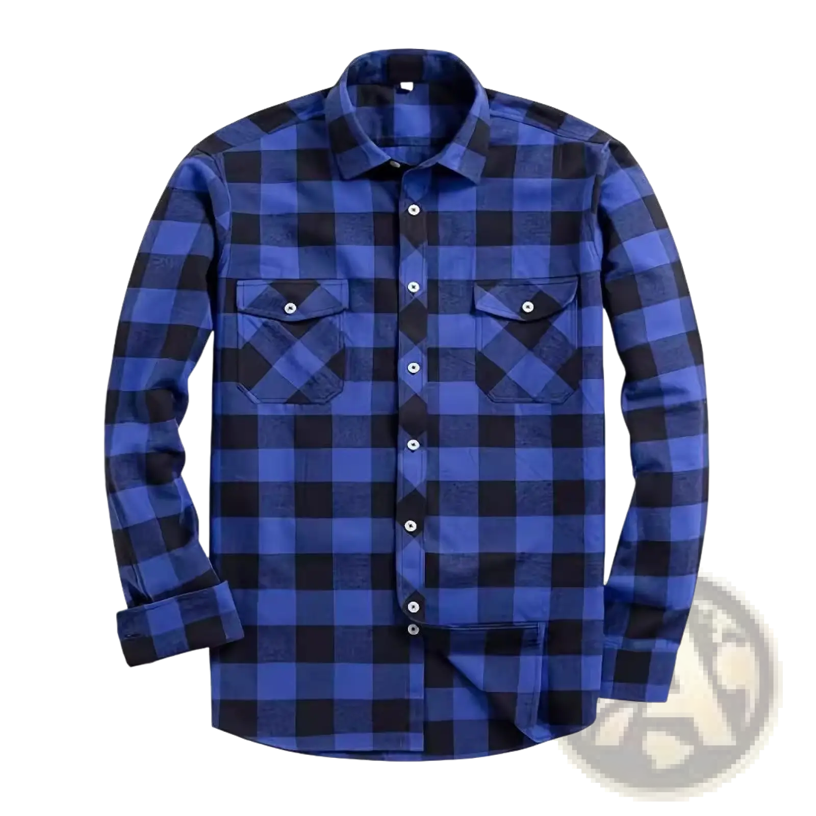 Men’s slim fit plaid flannel button up shirt in blue and black with long sleeves and two chest pockets