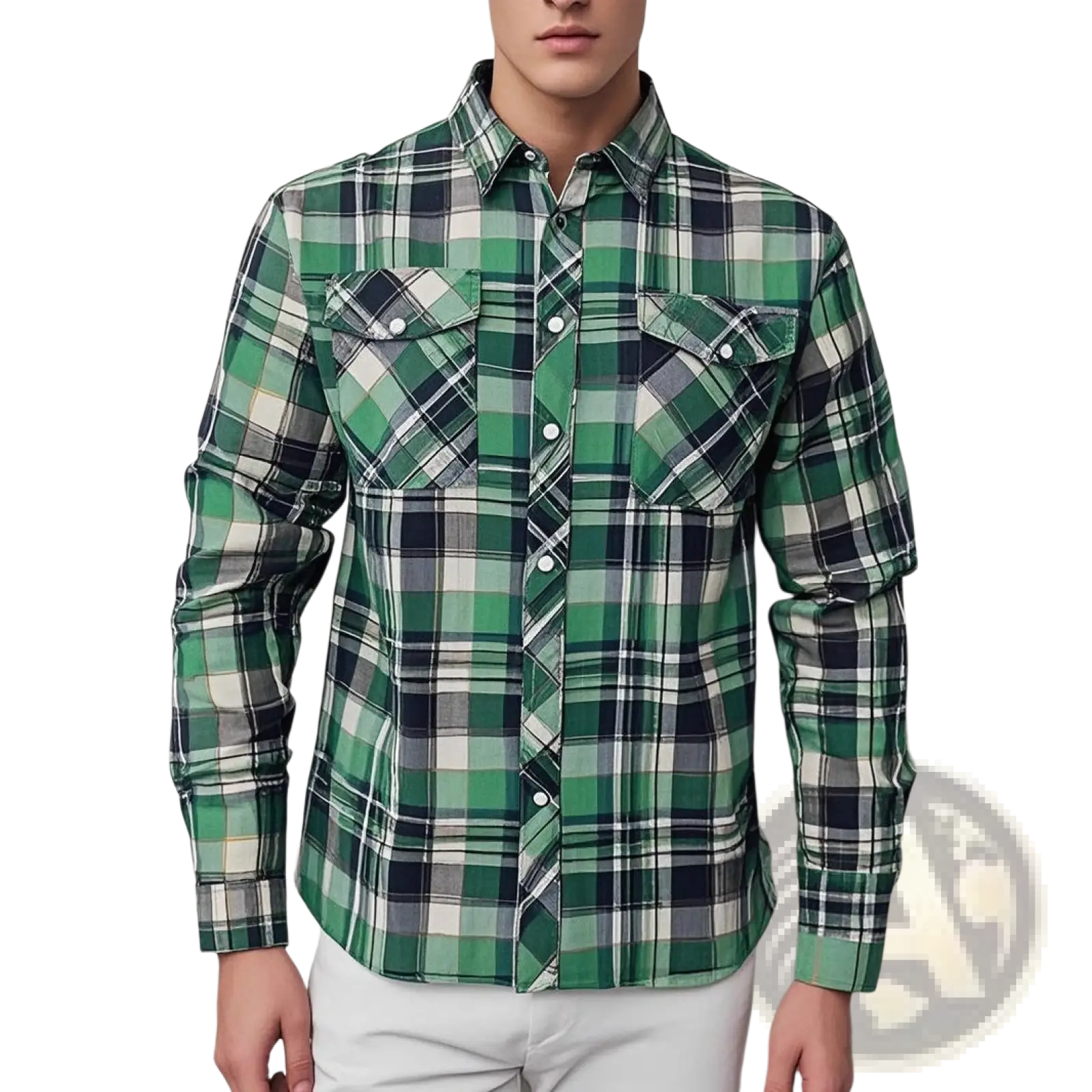 Men’s slim fit plaid flannel button up shirt in green and white with long sleeves and two chest pockets