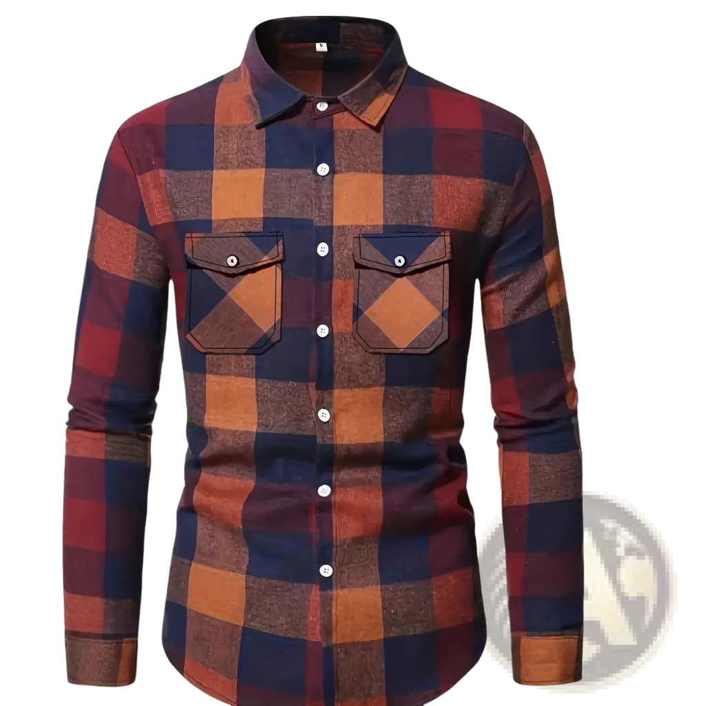 Men’s slim fit plaid flannel button up shirt in navy blue rust orange and dark red with matching fabric pockets