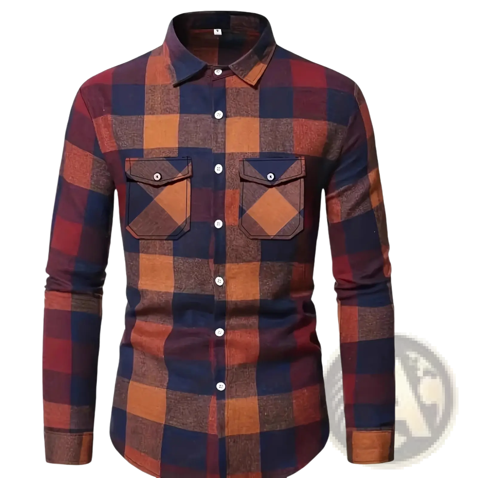 Men’s slim fit plaid flannel button up shirt in navy blue rust orange and dark red with matching fabric pockets