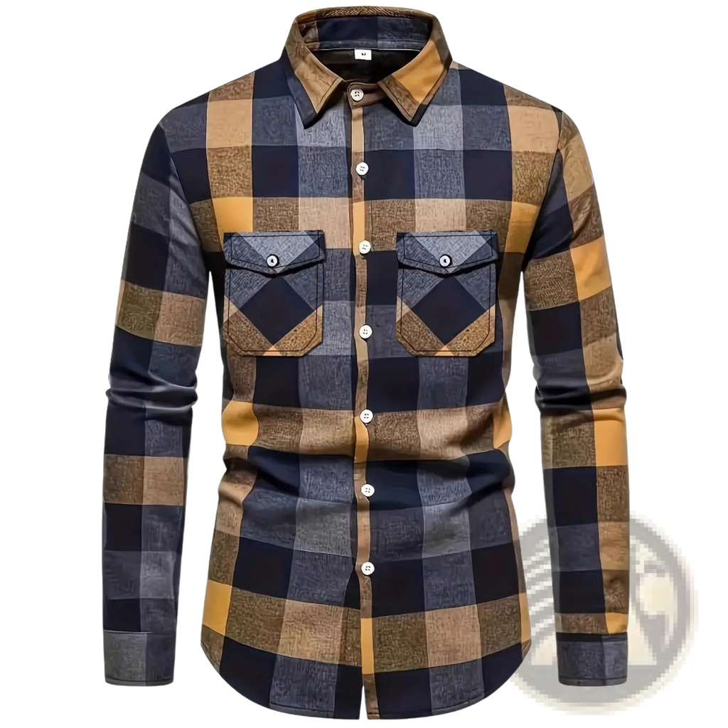 Men’s slim fit plaid flannel button up shirt in navy blue and mustard yellow with chest pockets and matching buttons