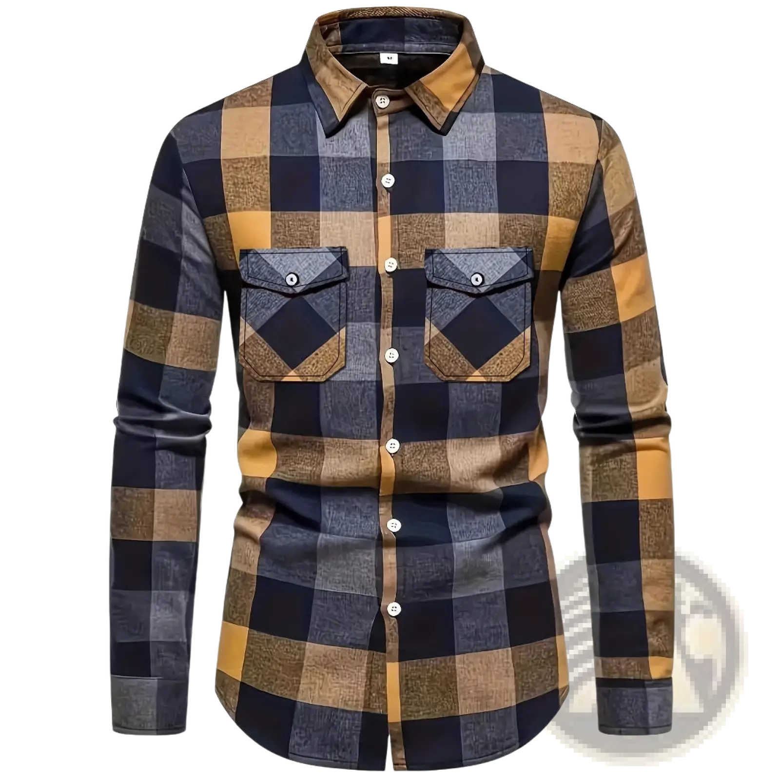Men’s slim fit plaid flannel button up shirt in navy blue and mustard yellow with chest pockets and matching buttons
