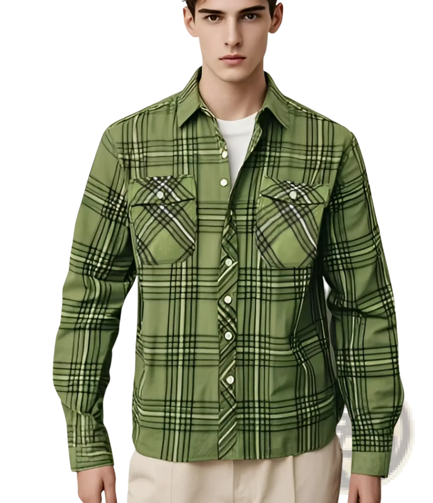 Men’s slim fit olive green plaid flannel button up shirt with black and white lines and chest flap pockets