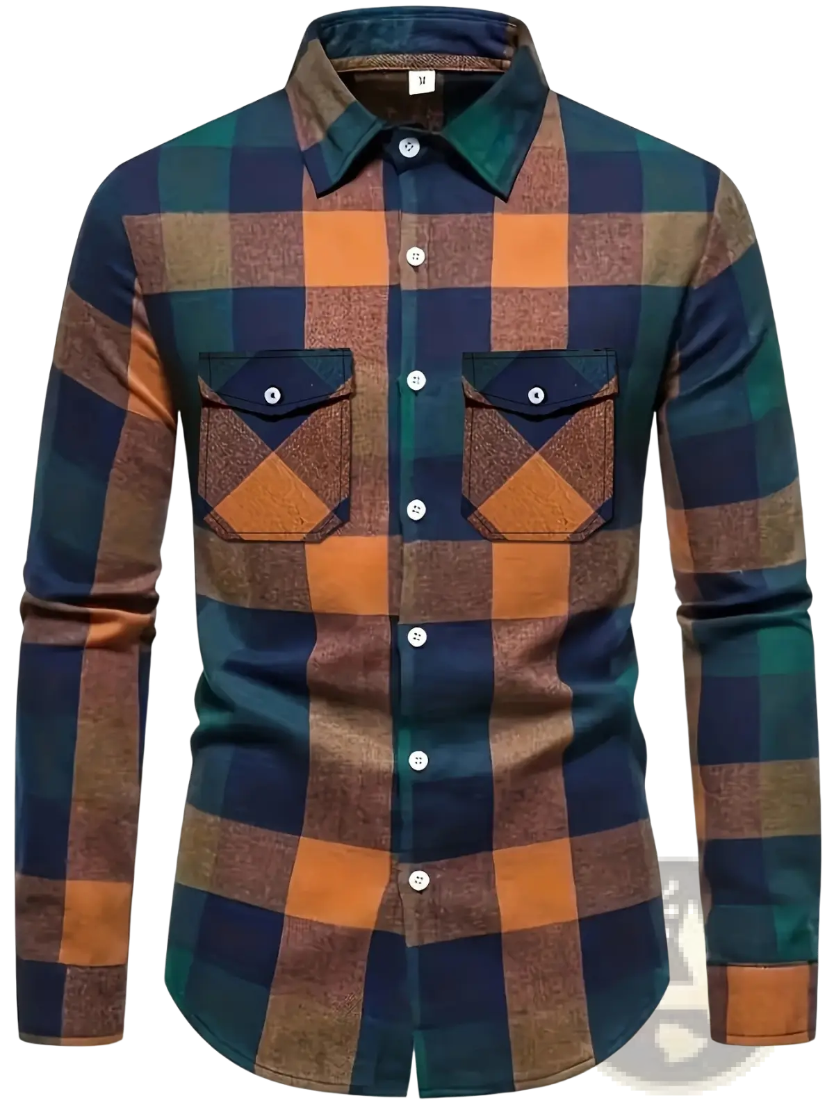 Men’s slim fit plaid flannel button up shirt in navy blue teal green and burnt orange with matching fabric pockets