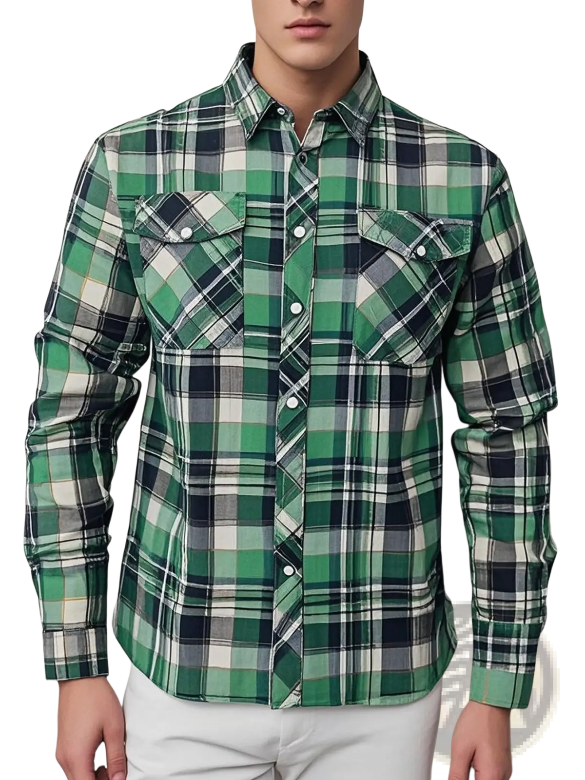 Men’s slim fit plaid flannel button up shirt in green white and navy with long sleeves and two chest pockets
