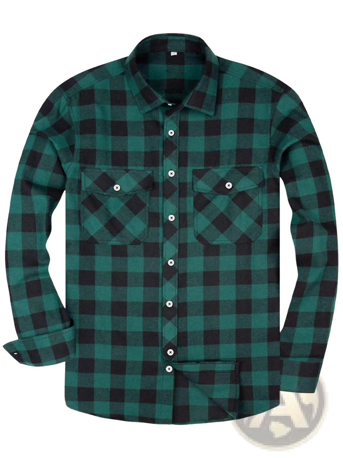 Men’s slim fit plaid flannel button up shirt in bold green and black with long sleeves and buttoned chest pockets