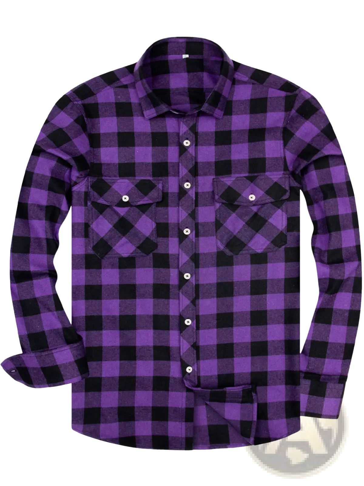 Men’s slim fit plaid flannel button up shirt in purple and black with long sleeves and buttoned chest pockets