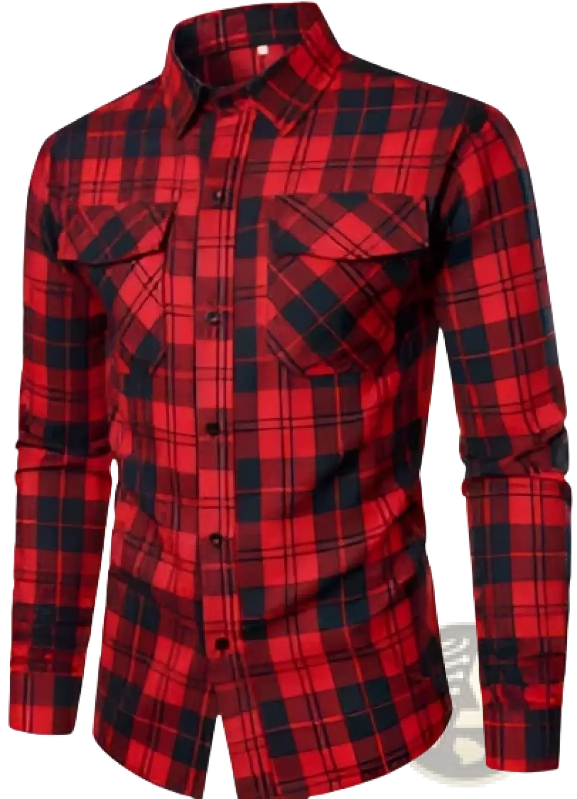 Men’s slim fit red and black plaid flannel button up shirt with long sleeves and a buttoned front closure