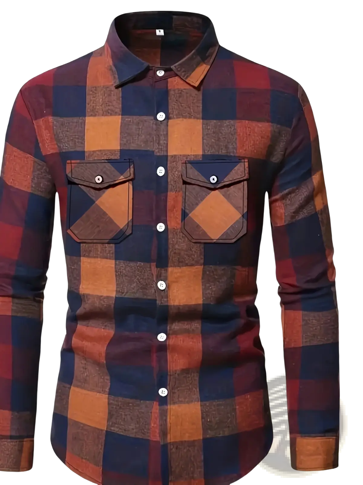 Men’s slim fit plaid flannel button up shirt with bold navy blue burnt orange and maroon long sleeves and chest pockets