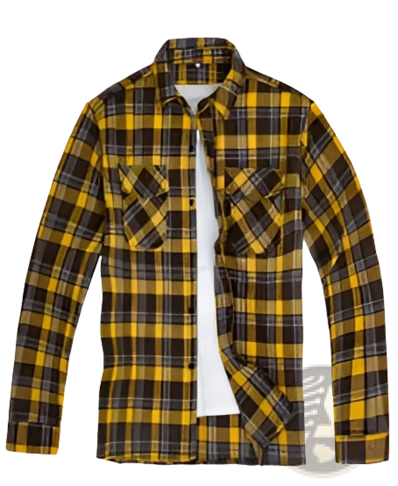 Men’s slim fit yellow and black plaid flannel button up shirt with two chest pockets made of soft flannel fabric