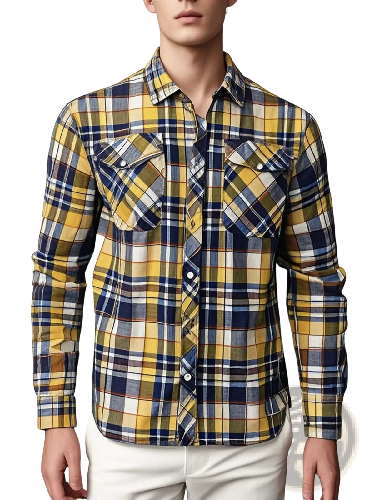 Men’s slim fit plaid flannel button up shirt in yellow navy blue and white with long sleeves and chest flap pockets