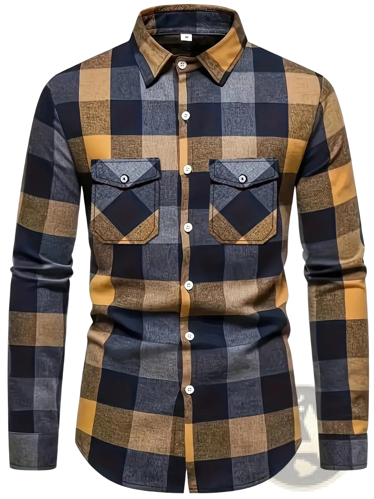 Men’s slim fit plaid flannel button up shirt in navy blue and mustard yellow with matching fabric pockets and silver buttons