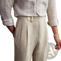 Beige slim fit pleated summer linen suit trousers with matching belt and button closure for men