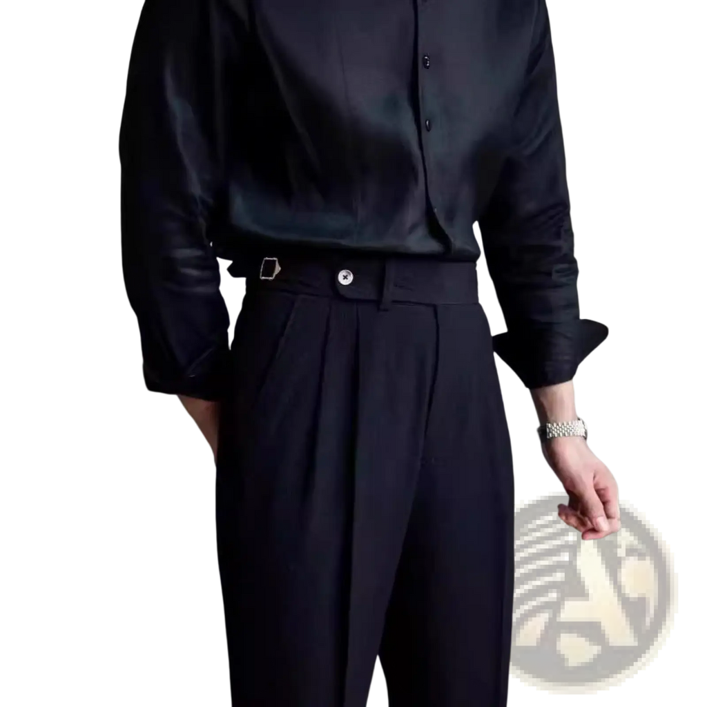 Black pleated trousers with a sleek, tailored fit and a silver-toned belt buckle.