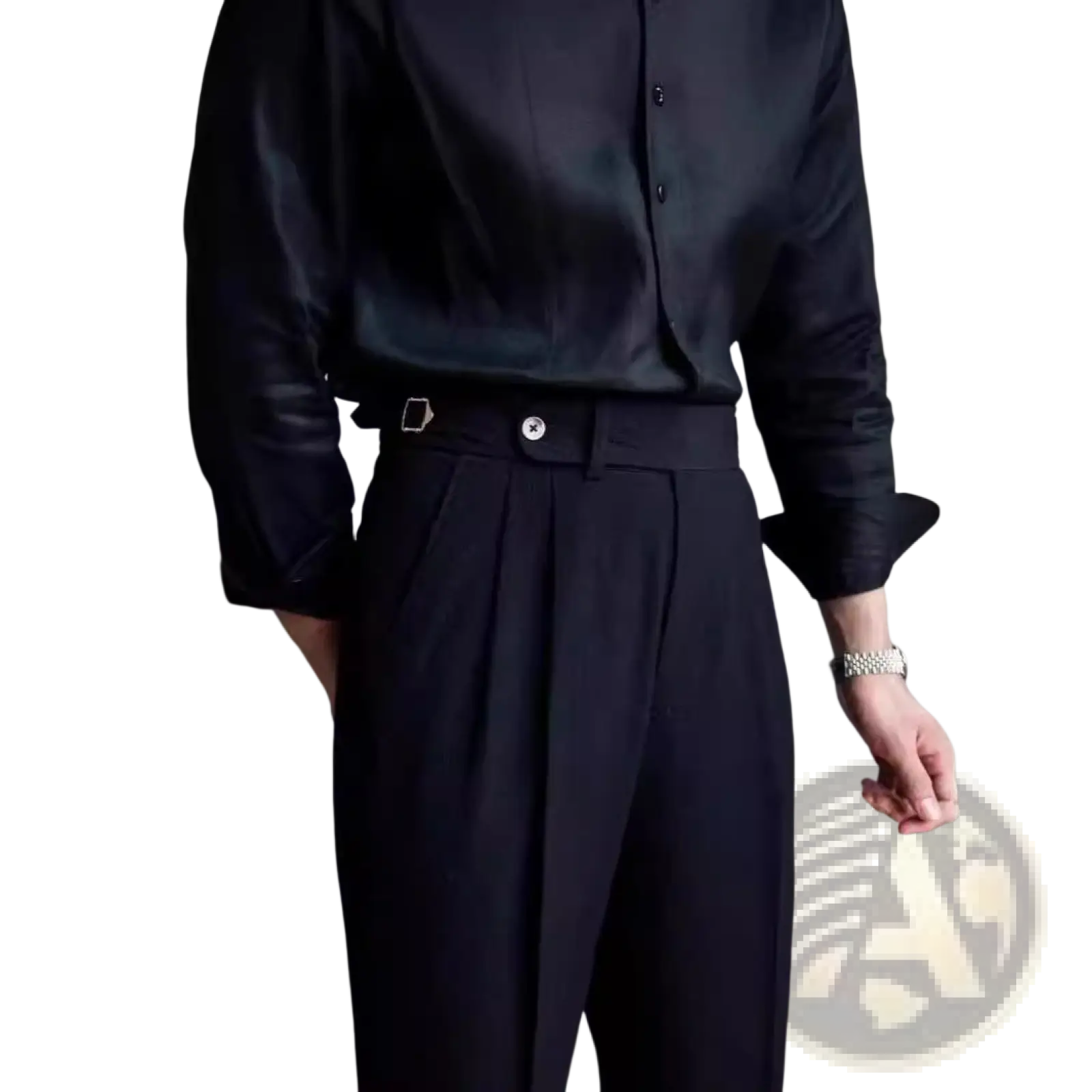 Black pleated trousers with a sleek, tailored fit and a silver-toned belt buckle.