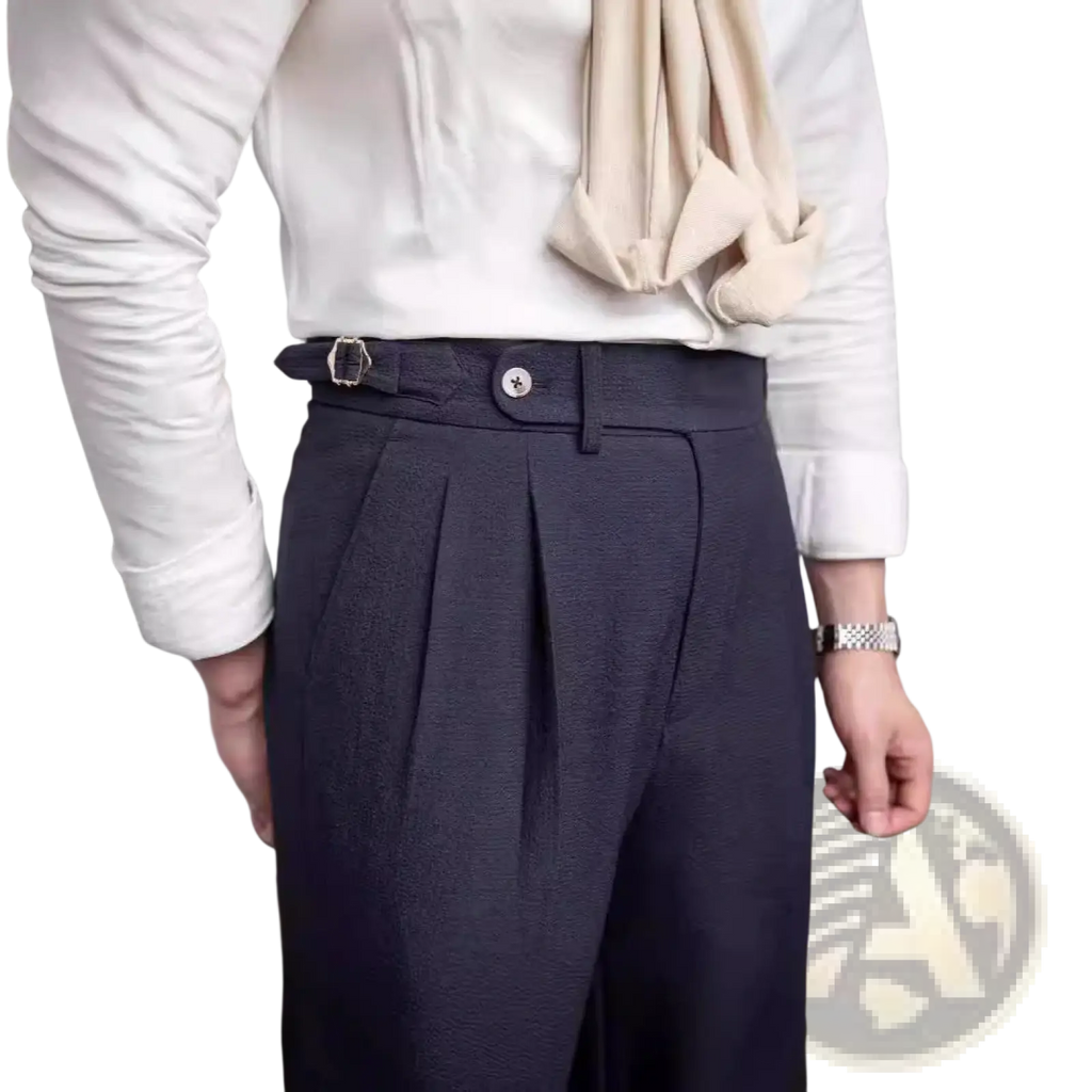 Men’s slim fit pleated summer linen suit trousers in dark navy with structured waistband and silver toned buckle