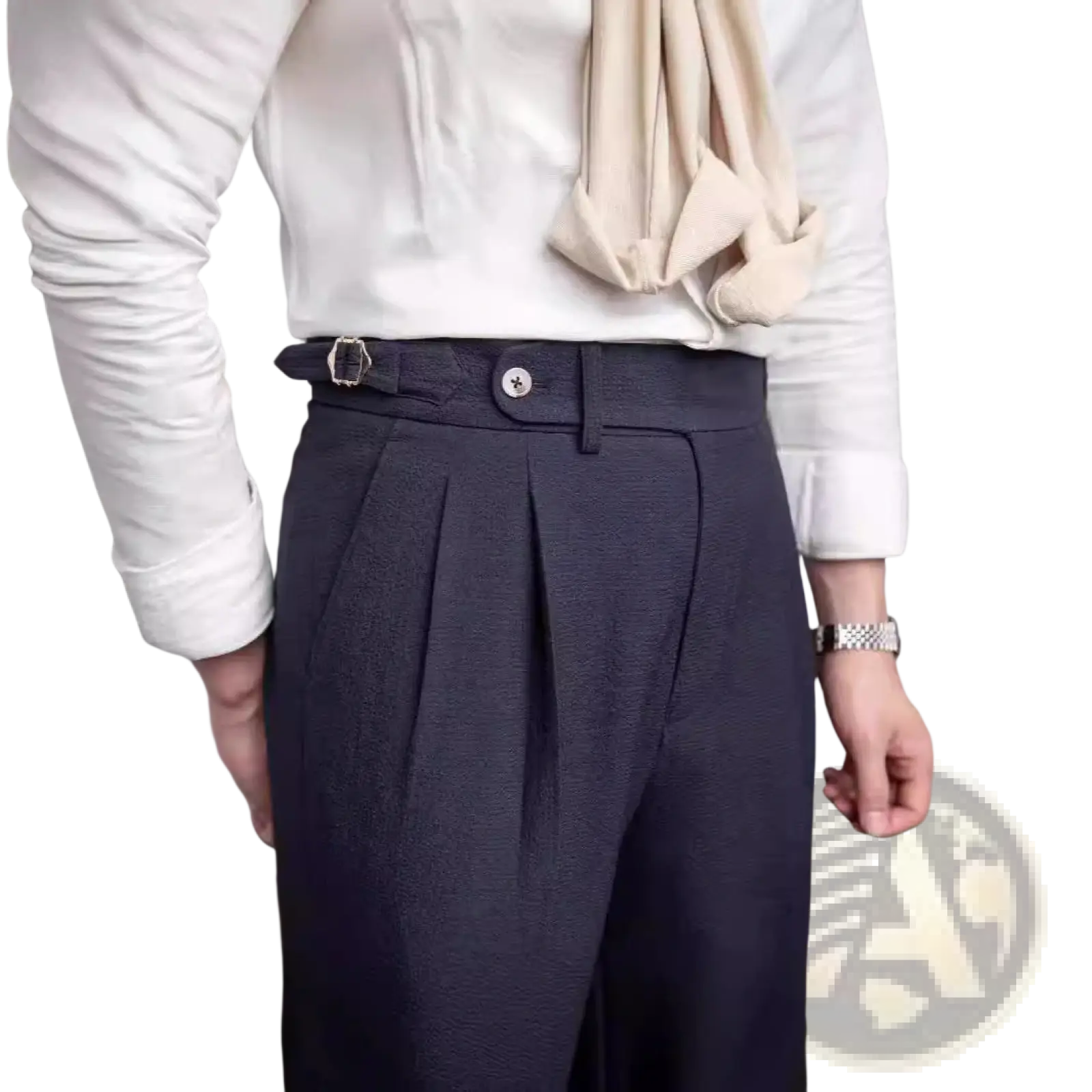 Men’s slim fit pleated summer linen suit trousers in dark navy with structured waistband and silver toned buckle
