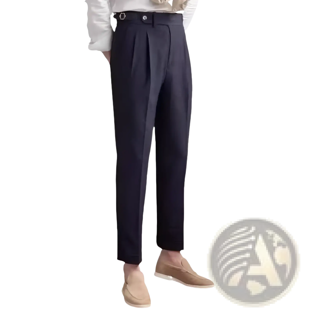 Men’s slim fit pleated summer linen suit trousers in dark navy with tailored fit and belt loop detail
