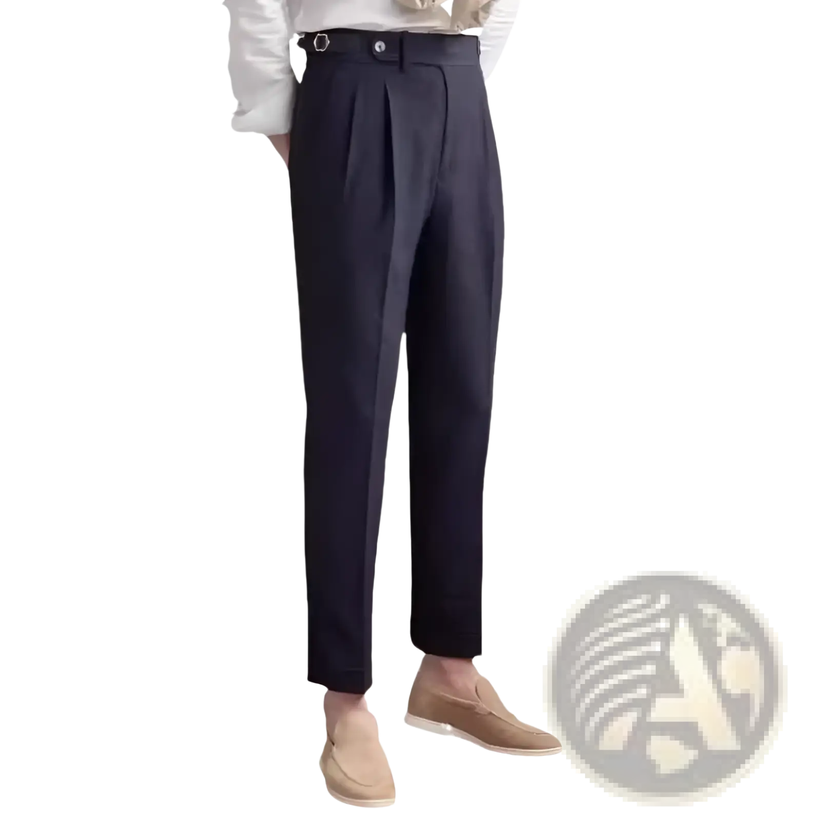 Men’s slim fit pleated summer linen suit trousers in dark navy with tailored fit and belt loop detail