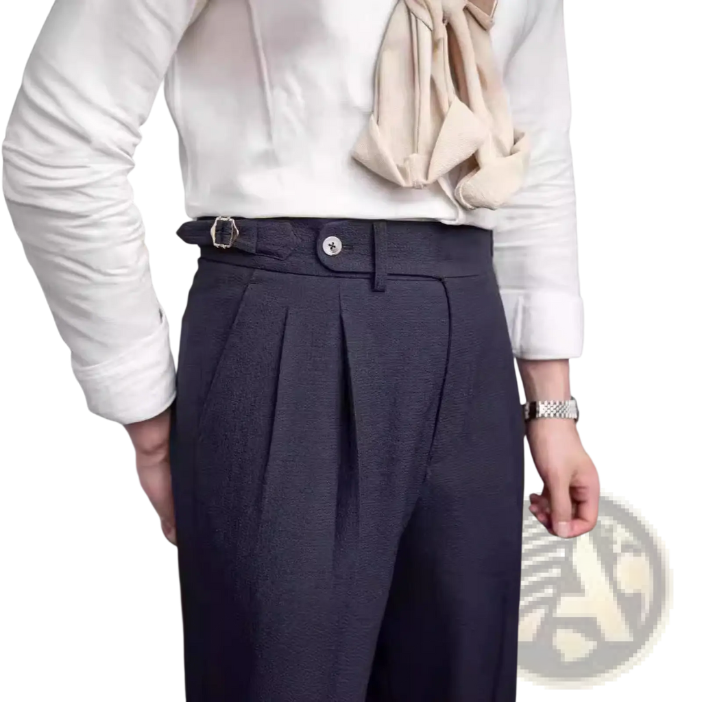 Men’s slim fit pleated summer linen suit trousers in dark navy with a structured waistband and silver-toned belt buckle
