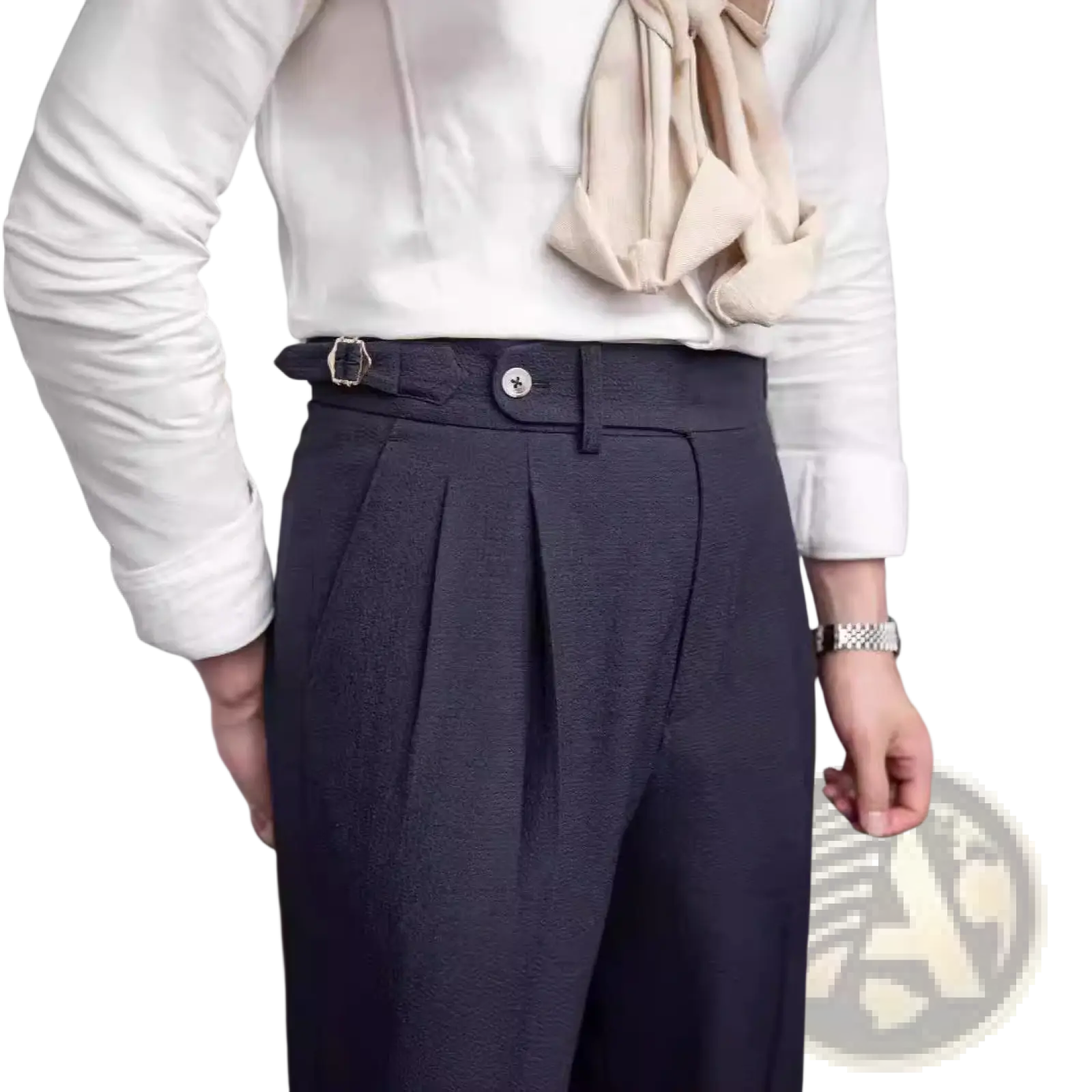 Men’s slim fit pleated summer linen suit trousers in dark navy with a structured waistband and silver-toned belt buckle