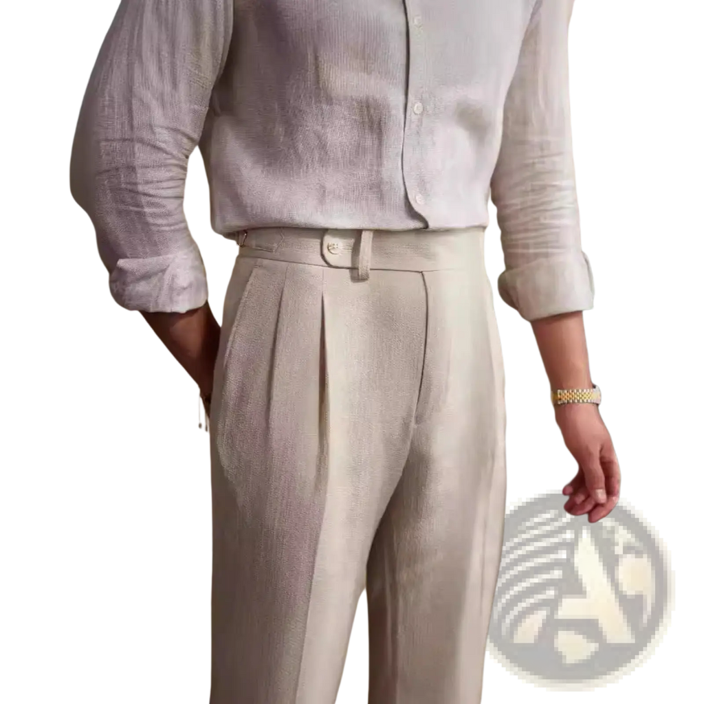 Men slim fit pleated summer linen suit trousers in light beige with matching belt and button closure