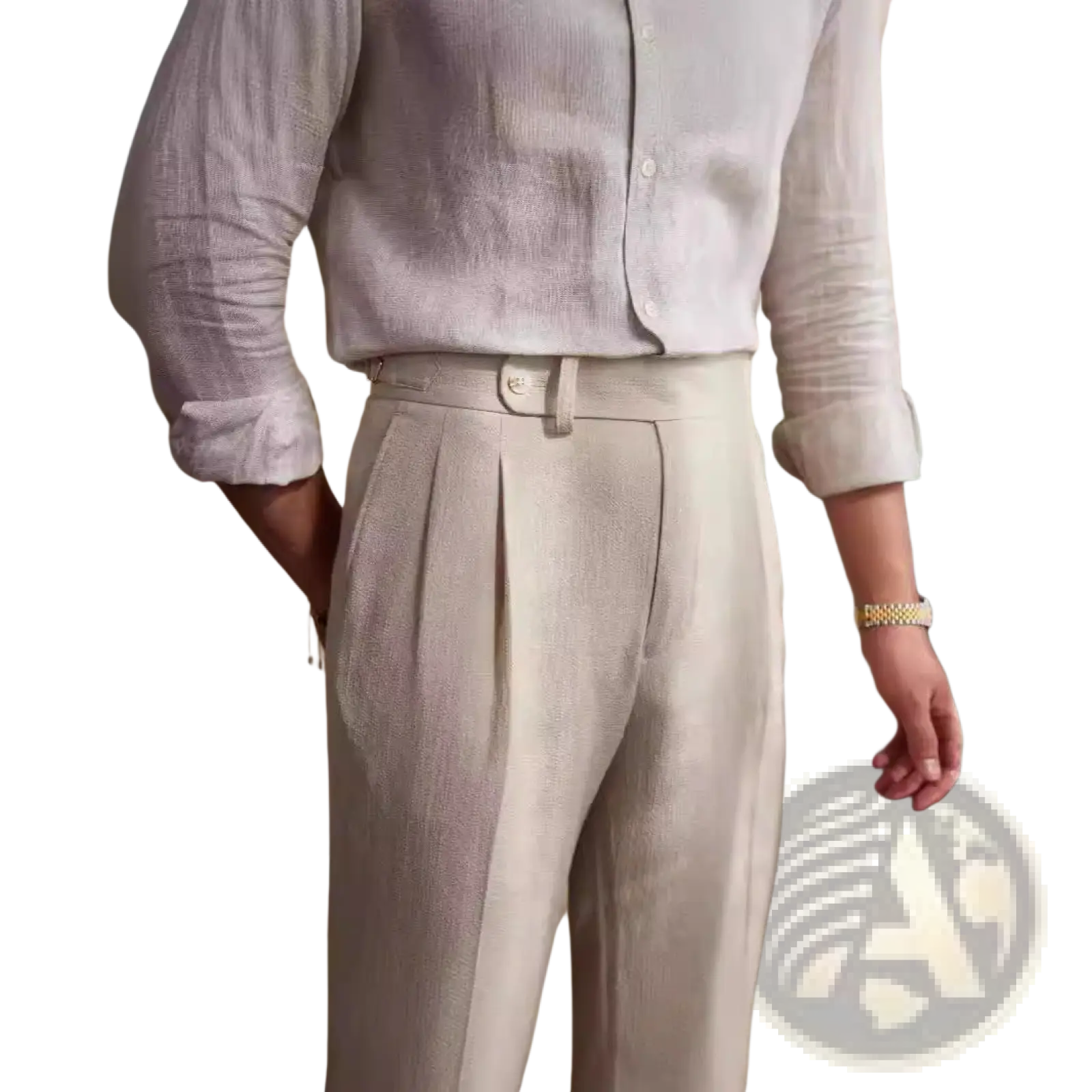 Men slim fit pleated summer linen suit trousers in light beige with matching belt and button closure
