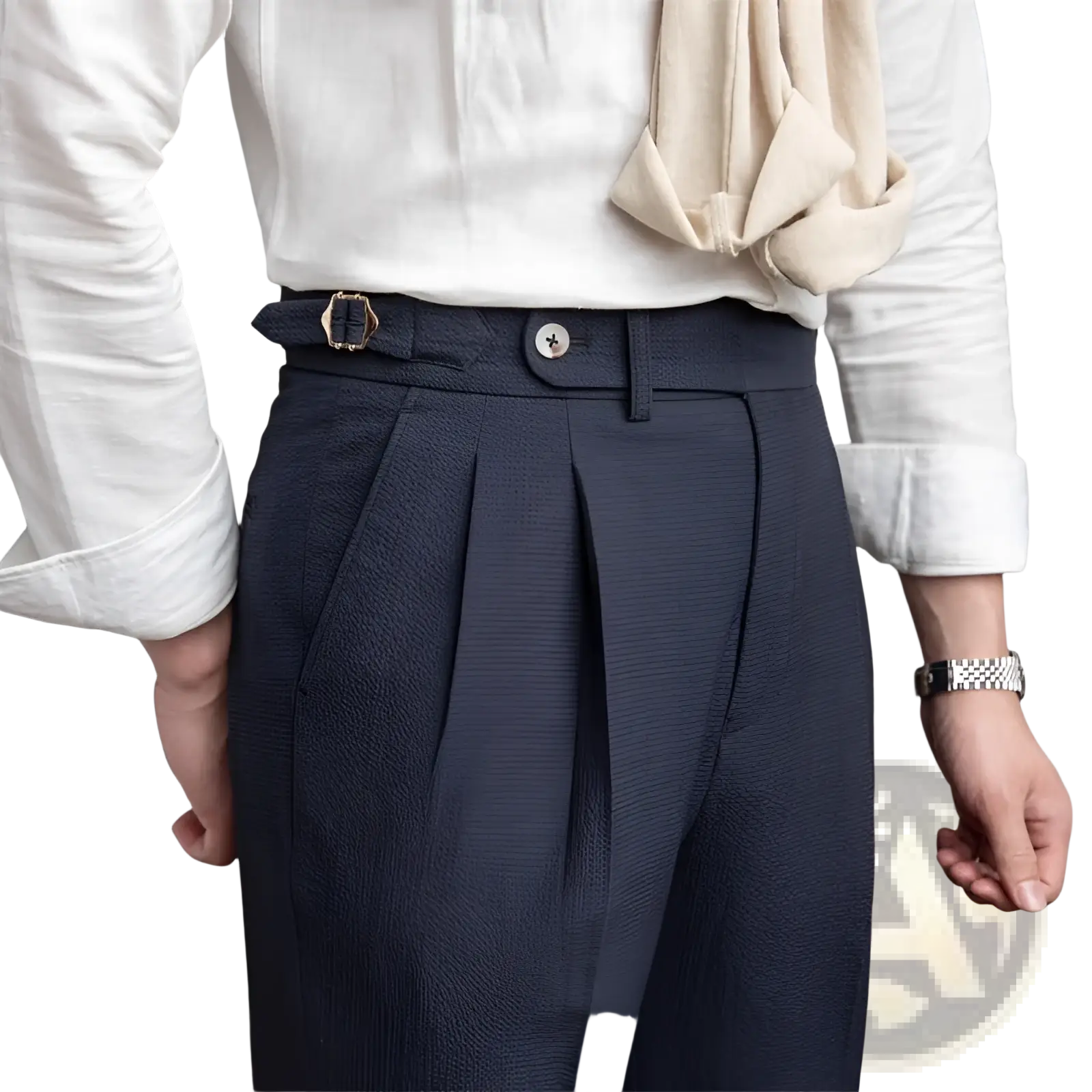 Men’s slim fit pleated summer linen suit trousers in dark navy with structured waistband and metallic buckle