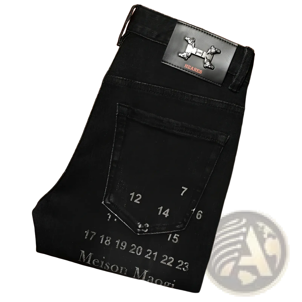 Mens slim fit printed black denim jeans with black leather patch embossed h-shaped hermes logo and white pocket markings