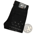 Mens slim fit printed black denim jeans with black leather patch embossed h-shaped hermes logo and white pocket markings
