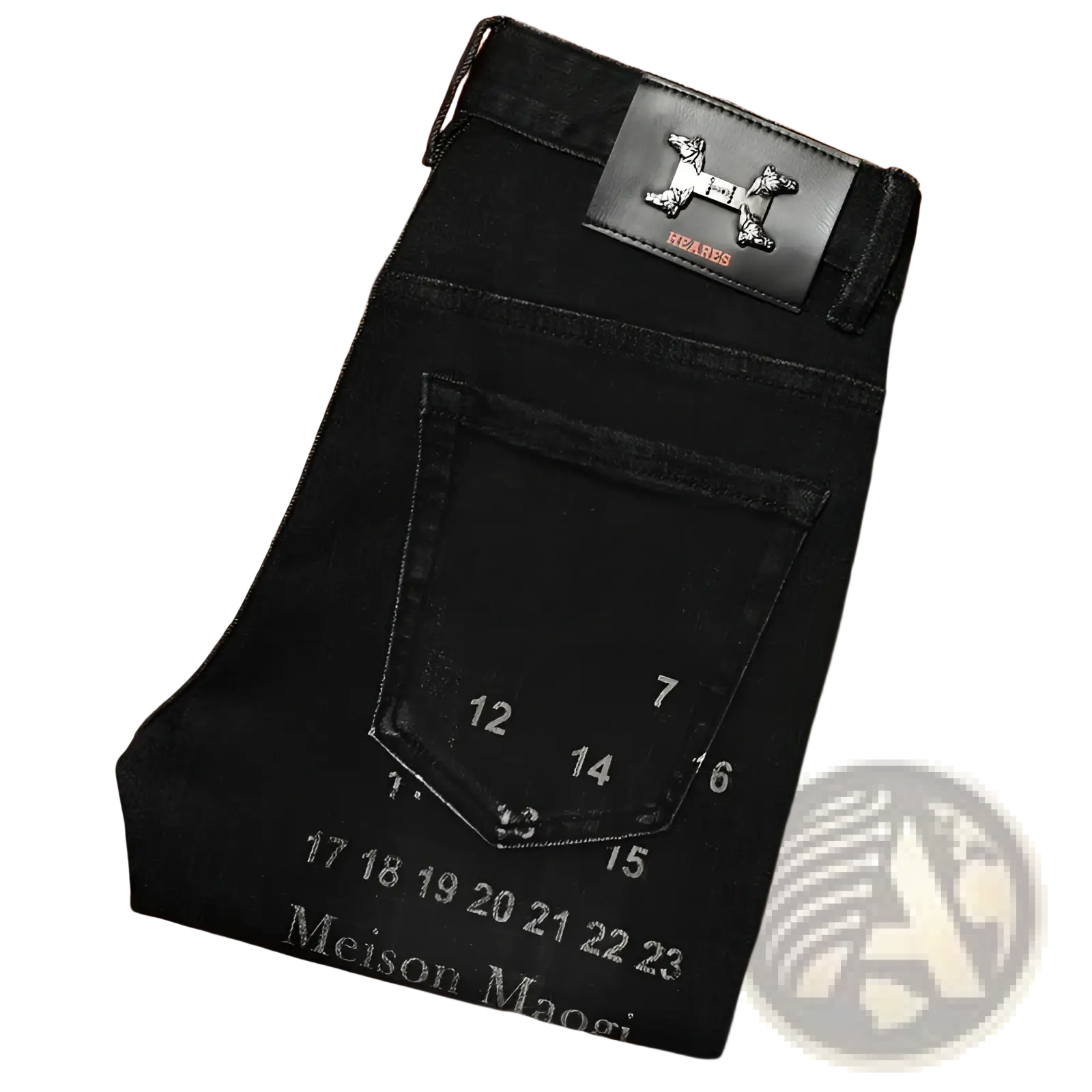 Mens slim fit printed black denim jeans with black leather patch embossed h-shaped hermes logo and white pocket markings