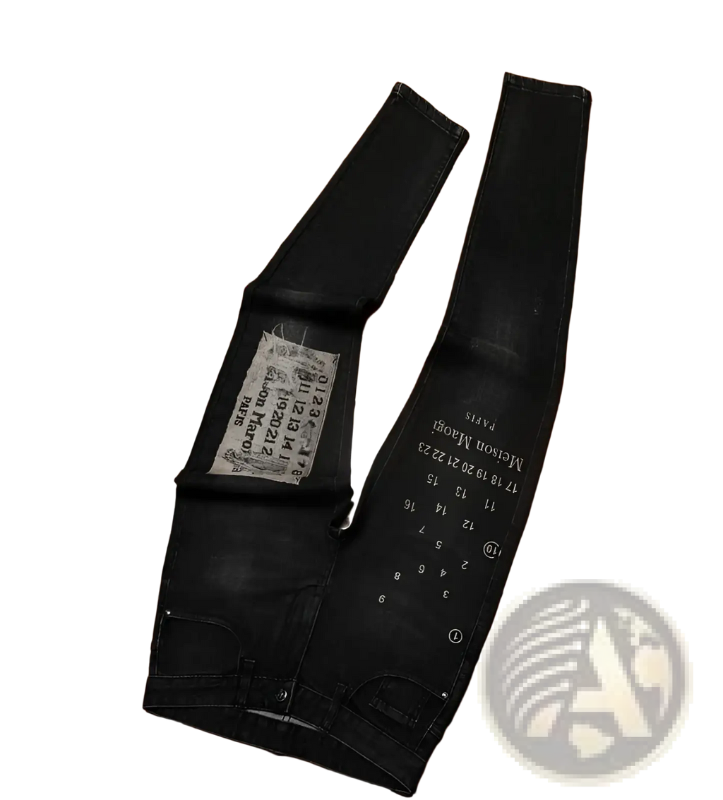 Mens slim fit black denim jeans with distressed faded look and white printed numerical text graphics along the leg
