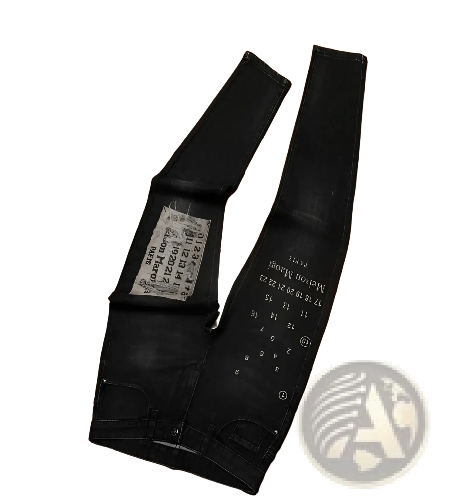 Mens slim fit black denim jeans with distressed faded look and white printed numerical text graphics along the leg