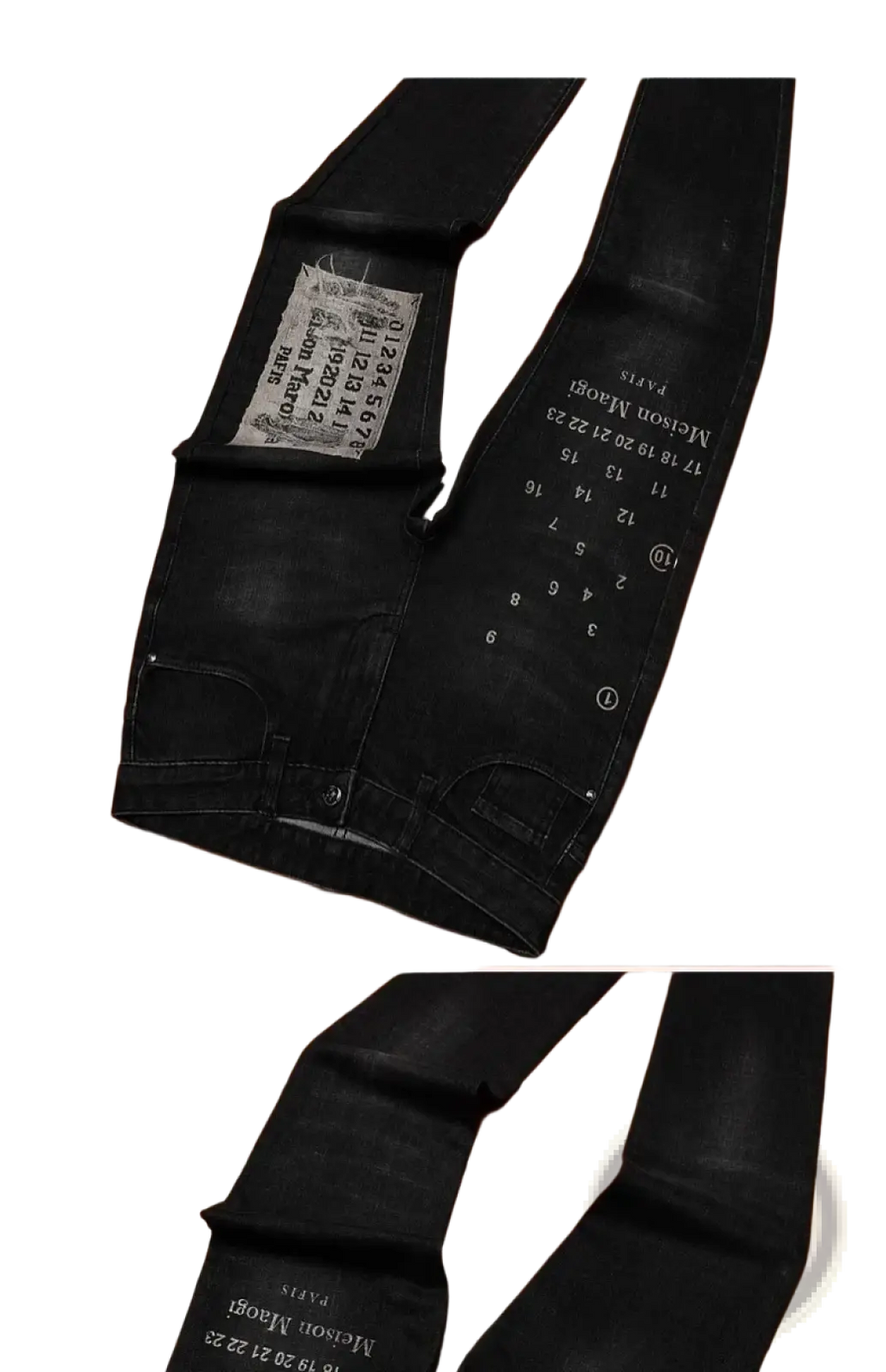 Back side of mens slim fit printed black denim jeans with distressed vintage text patch on pocket and printed numerals down leg