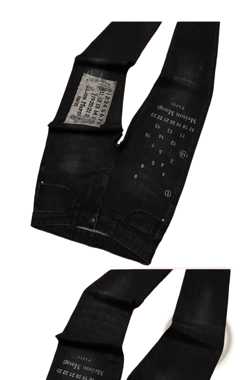 Back side of mens slim fit printed black denim jeans with distressed vintage text patch on pocket and printed numerals down leg