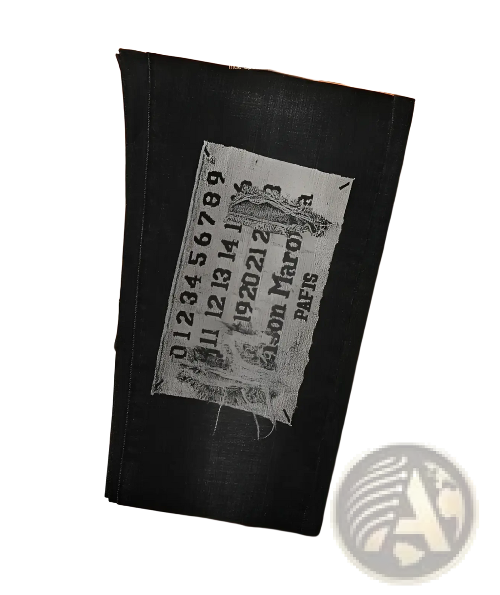 Mens slim fit black denim jeans featuring a distressed vintage-style label with faded gray text and graphics on the back
