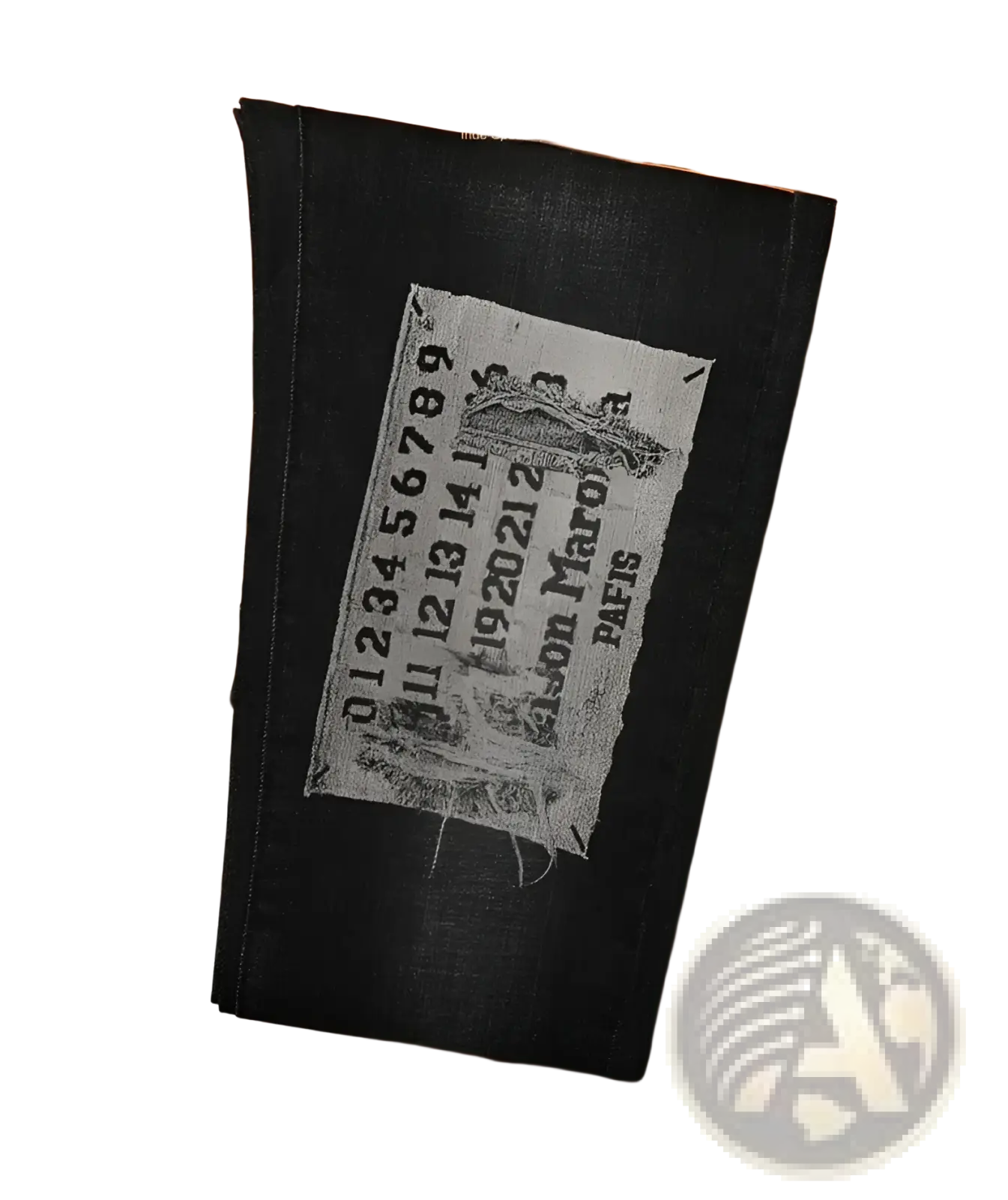 Mens slim fit black denim jeans featuring a distressed vintage-style label with faded gray text and graphics on the back