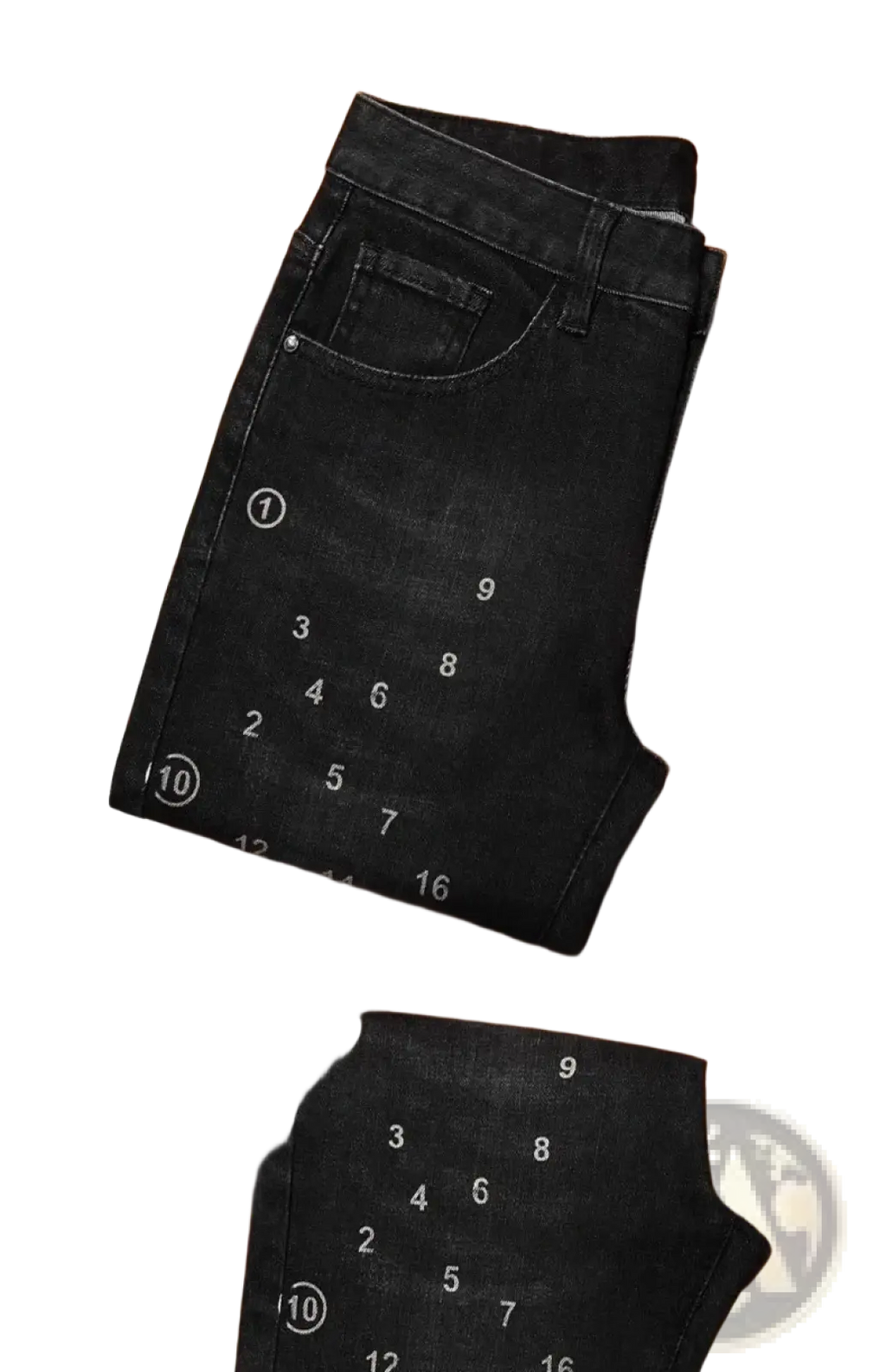 Mens slim fit printed black denim jeans with faded wash and subtle white numerical markings on black denim fabric