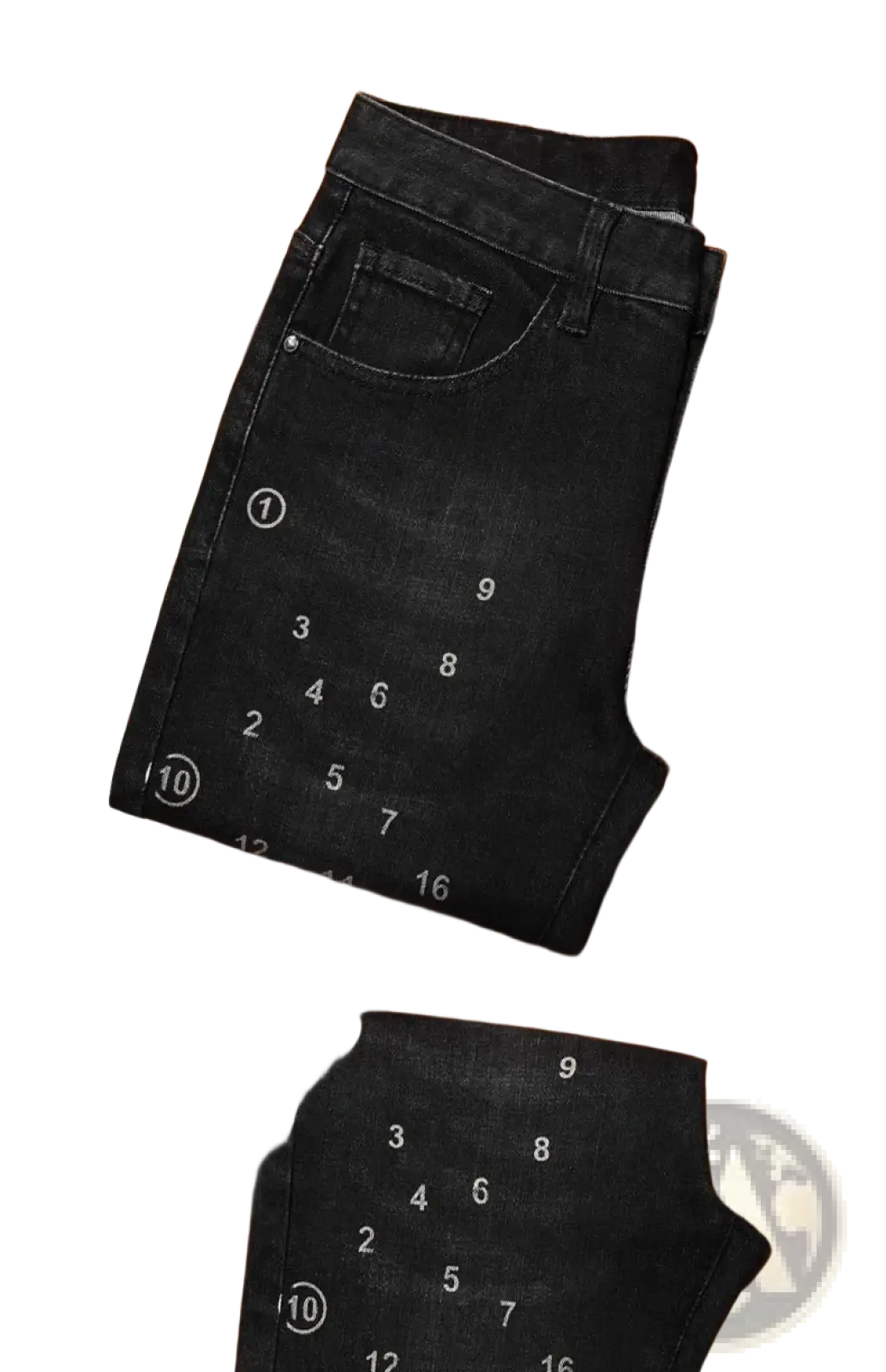 Mens slim fit printed black denim jeans with faded wash and subtle white numerical markings on black denim fabric