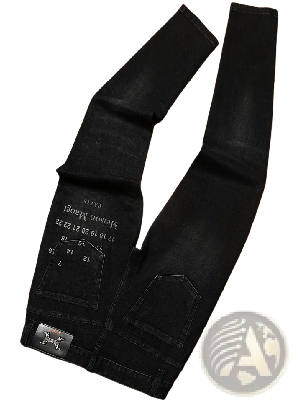 Mens slim fit printed black denim jeans showing the back side with faded wash and white embroidered text on the pocket
