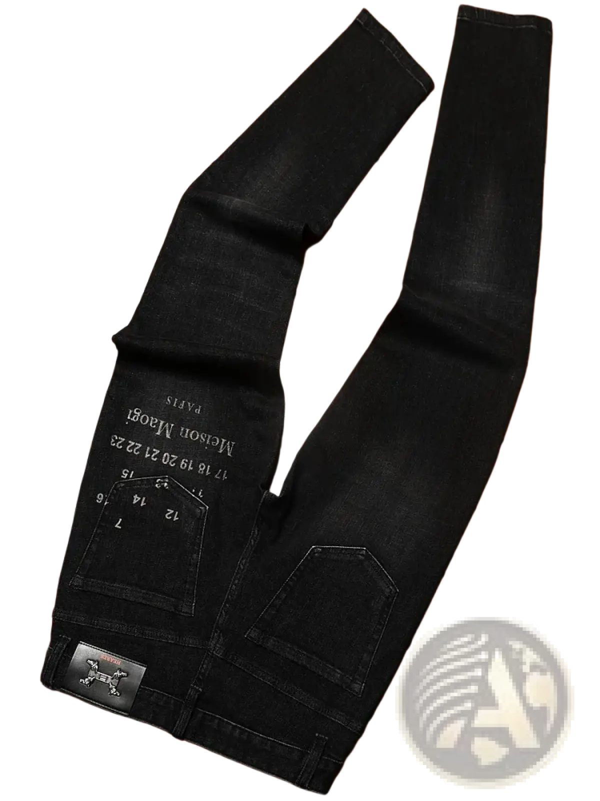 Mens slim fit printed black denim jeans showing the back side with faded wash and white embroidered text on the pocket