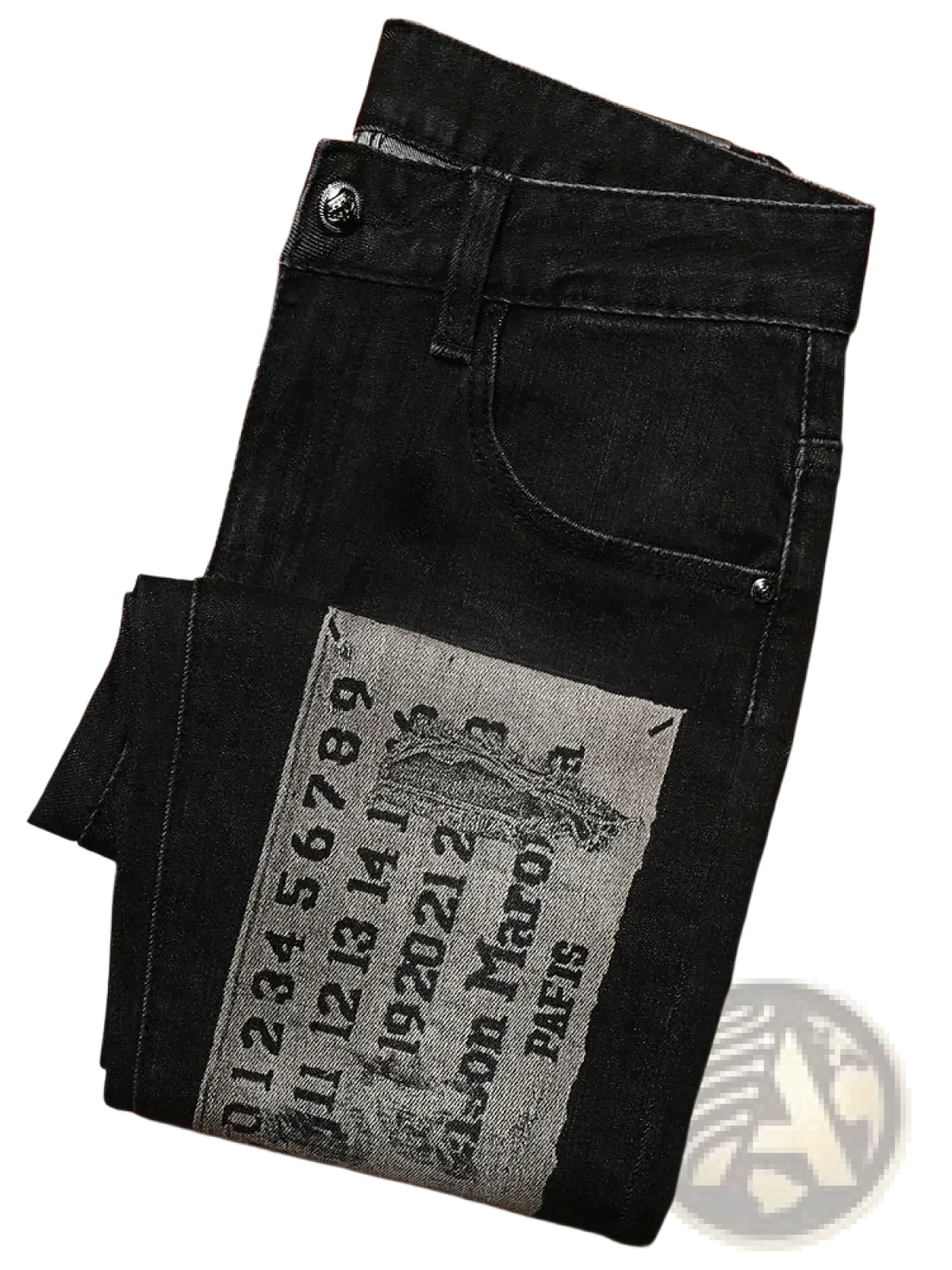 Mens slim fit black denim jeans with a gray patch featuring vintage-style text and illustration on the back side